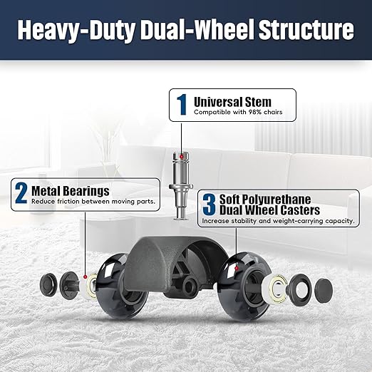 Office Chair Wheels 2" Desk Chair Caster Wheels Smooth Roller Style Quiet for Carpet and Hardwood Floors Universal Fit 11x22 mm Set of 5 Dark Grey