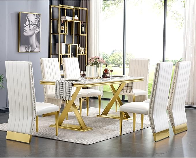AUZ White Dining Chairs Set of 8, White Leather Upholstered Dining Room Chairs with Nailhead Trim, Luxury Dining Chairs with Polished Gold Metal Legs