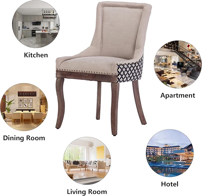 Farmhouse Dining Chairs Set of 6, Upholstered Fabric Dining Room Accent Chairs with Wood Legs & Bronze Nailhead, High Wingback Kitchen Chairs for Living Room Hotel Apartment, Beige Patterned