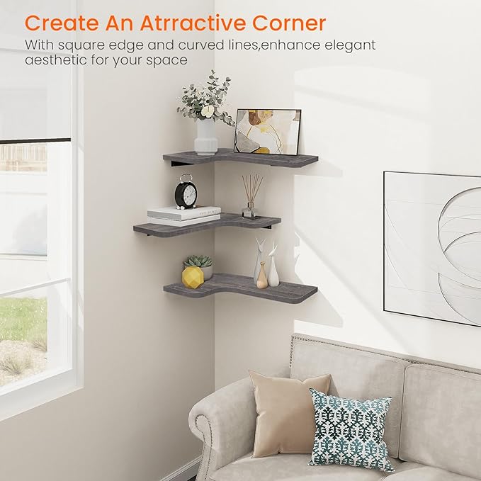 Homode Corner Shelves Wall Mounted, Set of 3 Floating Corner Shelves with Cord Hole, 3 Tier Wooden Hanging Shelves for Storage and Display, for Bathroom Kitchen Living Room, Rustic Grey