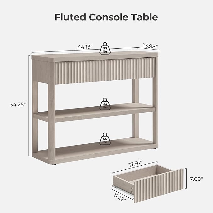 SICOTAS Fluted Entryway Table with Storage, 88.26" W Console Table with 4 Drawers & 4 Tier Storage Shelves, Modern Sofa Table Behind The Couch for Living Room, Entrance, Hallway, Foyer, White Alder