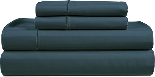 LANE LINEN 100% Egyptian Cotton California King Sheets - 4 Pc Sateen Sheet Sets Luxury Bedding & Pillowcases 17" Deep Pocket Dark Denim Stripe