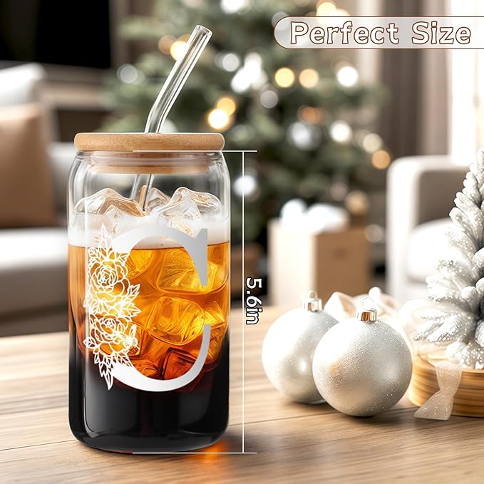 DWTS DANWEITESI Birthday Gifts for Women: Initial Glass Cup as Office Graduation Memorial Holiday Personalized Gifts - for Husband Aunt Uncle Teen Boy Employee Coworkers Him and Her - C Aesthetic Cup