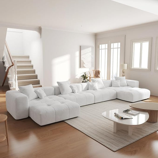 JACH 183.5 Inch U-Shaped Modular Sectional Sofas, Modern 4-Seater Couch with Chaise Ottomans, Mid Century Modern Sectional Couches, Cozy Sleeper Sofa for Living Room (Linen Fabric, White)