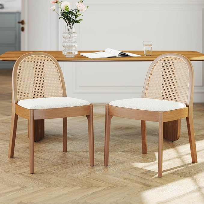 LukeAlon Modern Sherpa Dining Chairs Set of 2, Natural Woven Rattan Cane Back Side Chairs with Solid Wood Legs Mid Century Dinner Chairs for Kitchen Living Room, White