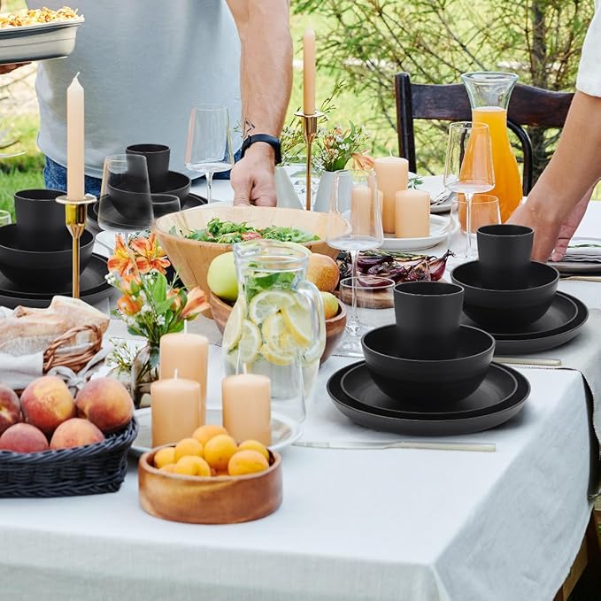 24 Piece Wheat Straw Dinnerware Set -Plates and Bowls Sets for 6 Black Unbreakable Dinner Plates Set Dishwasher Microwave Safe Reusable Plates for Picnic Birthday Camping