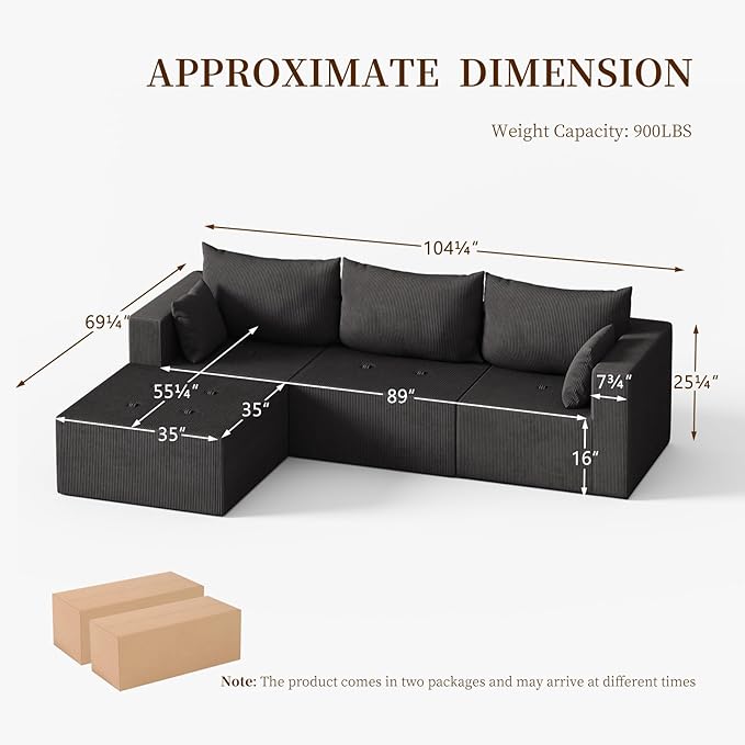 Cloud Boneless Sectional Sofa, Modular Sofa with Deep Seat, Modern Upholstered Couch with Chaise Lounge, Fluffy Comfy L-Shape Sectional Couch for Living Room, Black