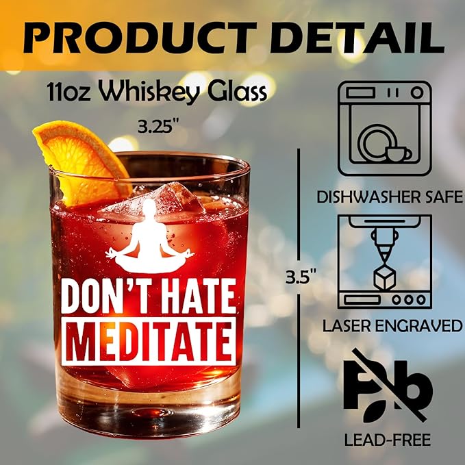 Meditation Lovers Gifts Old Fashioned Whiskey Glasses, Relaxing Meditation Gifts, Don't Hate Meditate 10 oz Rocks Barware Cup for Cocktail Drinks Scotch Bourbon Liquor