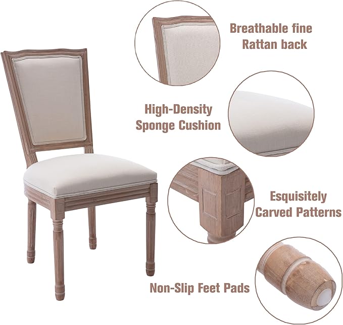 Nrizc Farmhouse Dining Room Chairs Set of 2, French Dining Chairs with Square Back, Brown Wood Legs, French Bistro Chairs for Dining Room/Living Room/Kitchen/Restaurant, Beige
