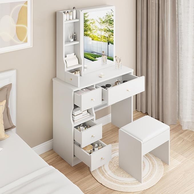 Small Vanity Desk Set with Mirror and Drawers, Makeup Vanity Desk Set with Storage Drawer, Solid Compact Vanities Table with Chair, Compact Space Storage Shelves for Bedroom, White