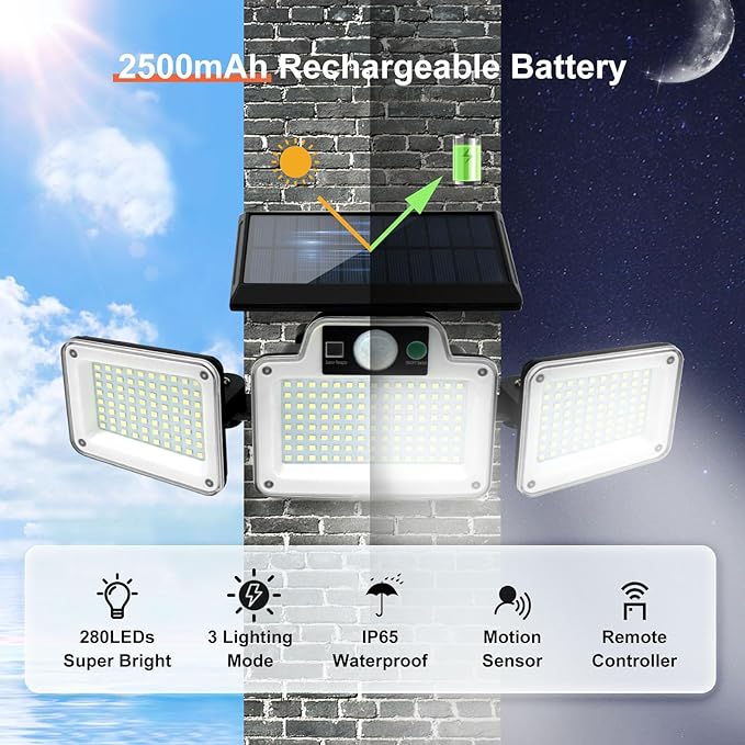 280 LED Solar Flood Security Lights, Solar Lights Outdoor with Motion Sensor, Flood Lights with Remote, Waterproof Dusk to Dawn for Porch, Patio, Yard, Garage