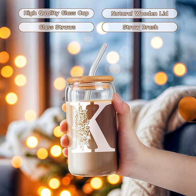 Gifts for Women Birthday Christmas Decorations：Initial Glass Cup as Office Graduation Memorial Personalized Gifts - for Mom Teens Wife Girlfriend Sister Daughter Gifts - K Aesthetic Cup