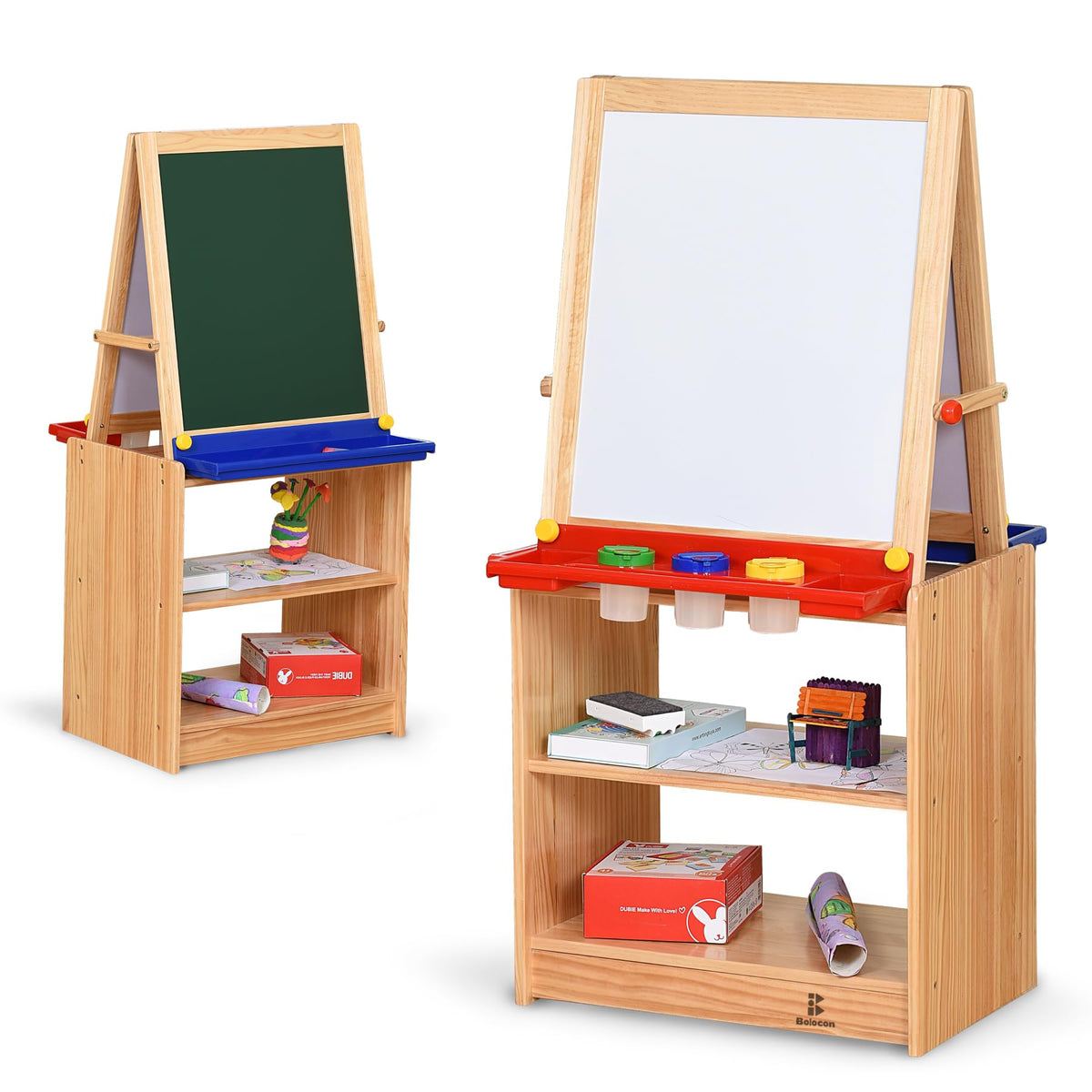 Bolocon Wooden Kids Double-Sided Magnetic Art Easel w/ 2-Tier Storage Shelf