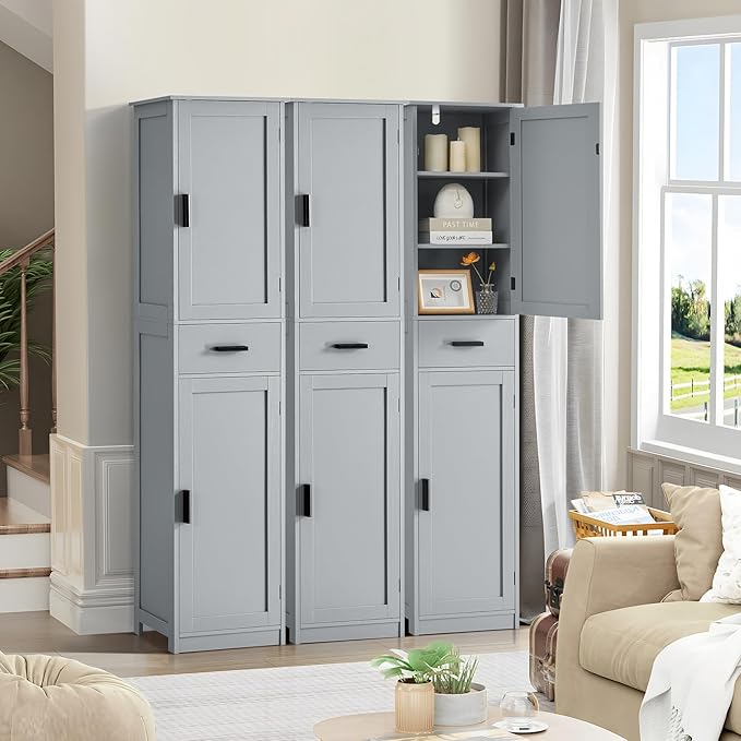 usikey 67“ Tall Bathroom Cabinet, Storage Cabinet with 4 Shelves & 2 Doors, Narrow Storage Cabinet for Bathroom, Living Room, Home Office, Greige