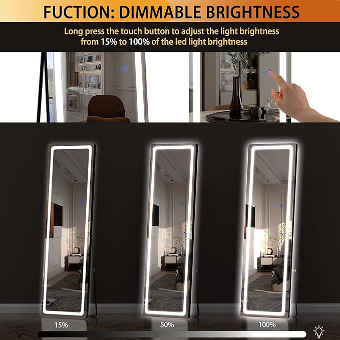 Hasipu Full Length Mirror with Lights, 56" x 20" LED Floor Mirror, Full Body Dressing Standing, Hanging Mounted Mirror for Living Room Bedroom Cloakroom, Round Black