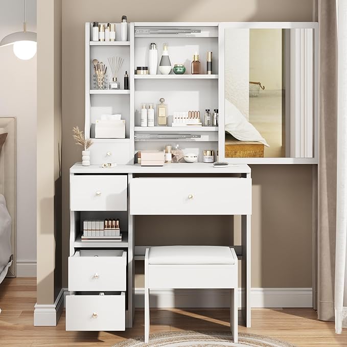 Small Vanity Desk Set with Mirror and Drawers, Makeup Vanity Desk Set with Storage Drawer, Solid Compact Vanities Table with Chair, Compact Space Storage Shelves for Bedroom, White