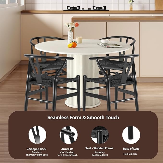 Tomile Wishbone Chair Y Chair, Wooden Dining Chairs Set of 2, Mid Century Modern Chairs with Arms, Solid Wood Weave Seat Kitchen & Dining Room Chairs (Ash Wood - Black)