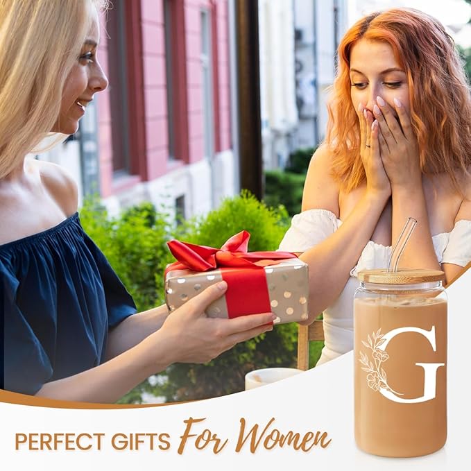 SANDJEST Monogrammed Gifts for Women - Monogram G Initial Glass Cup 16 Oz Can Coffee Cups with Lid and Straw - Monogram Initials Gifts for Womens on Birthday