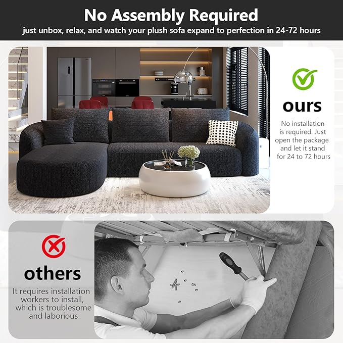 111" Modular Sectional Couches Luxury Modern Curved Back Sofa,Minimalist Comfy L-Shape Boneless Cloud Couch for Living Room Apartment,(Left Facing Chaise,Black)