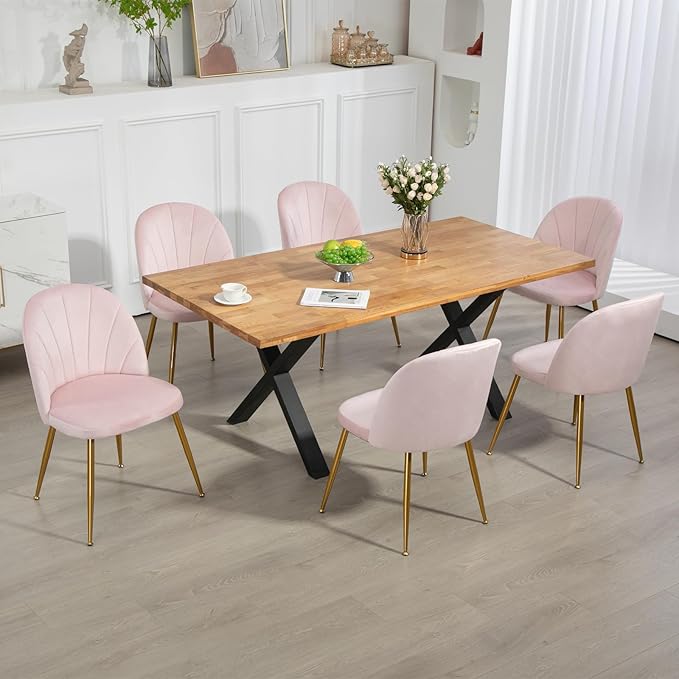 Velvet Dining Chairs Set of 2, Upholstered Mid Century Modern Dining Chairs, Armless Accent Chair with Metal Gold Legs for Living Room, Kitchen, Dining Room, Pink