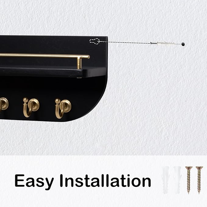Key Holder for Wall, Wood Wall Mounted Key Rack with 6 Sturdy Metal Hooks for Bags, Coats, Umbrella, 14 Inches Mail Organizer for Home Entryway Decor, Black and Gold