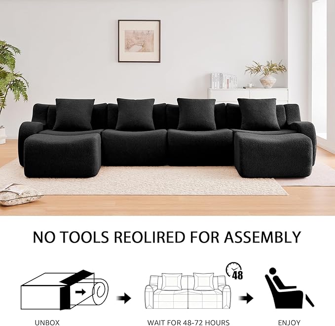 Black U-Shaped Cloud Couch with 2 Ottomans, Modern Teddy Fabric Boneless Sectional Sofa in a Box for Living Room, Modular Floor Couch, Deep Seat, No Assembly Required, Sofas para Sala