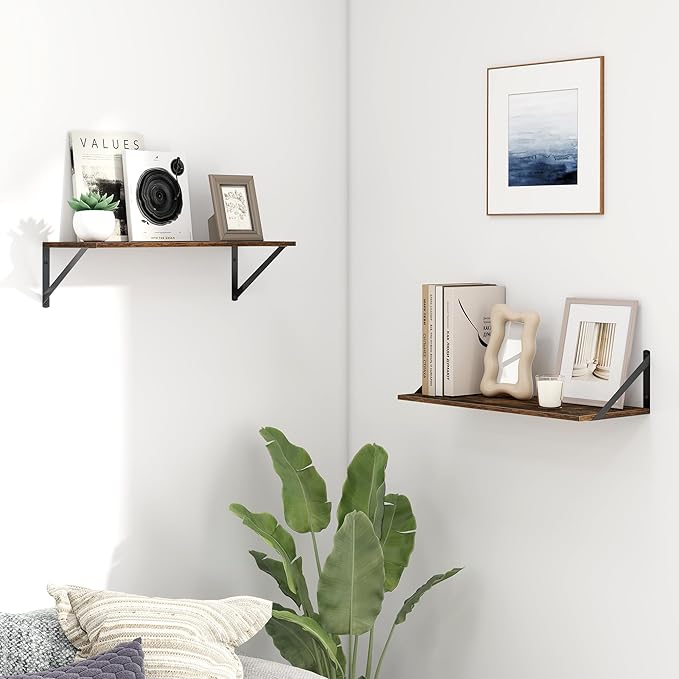 Fun Memories Deep Floating Shelves for Wall, 24W x 8D Wall Mounted Shelves Set of 2, Wide Display Ledge Shelf with Sturdy Metal Brackets for Living Room, Bathroom, Bedroom and Kitchen, Rustic Brown