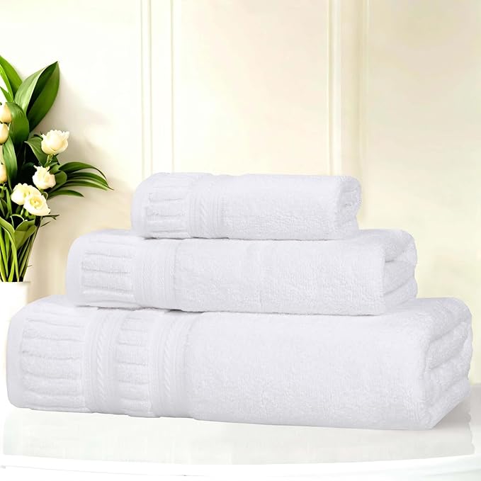 Superior Venice Zero Twist Cotton Medium Weight Towels, for Guest Bath, Bathroom, Shower, Spa, Plush Towels, Bath Essentials, Ribbed Textured Border, 3 Piece Assorted Towel Set, White