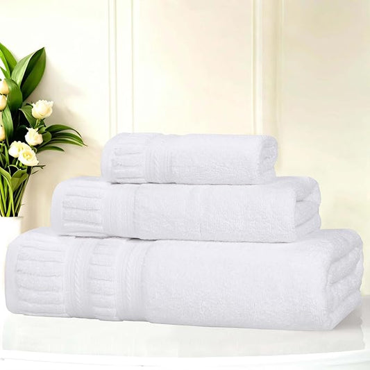 Superior Venice Zero Twist Cotton Medium Weight Towels, for Guest Bath, Bathroom, Shower, Spa, Plush Towels, Bath Essentials, Ribbed Textured Border, 3 Piece Assorted Towel Set, White