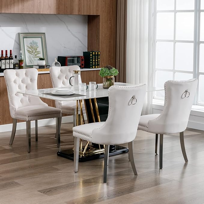 Luxury Upholstered Dining Chairs Set of 6, Beige Kitchen Chair with Silver Metal Legs, Velvet Tufted Back Dining Chair, Sillas de Comedor, Modern Kitchen & Dining Room Chairs (Beige, 6 Pcs)