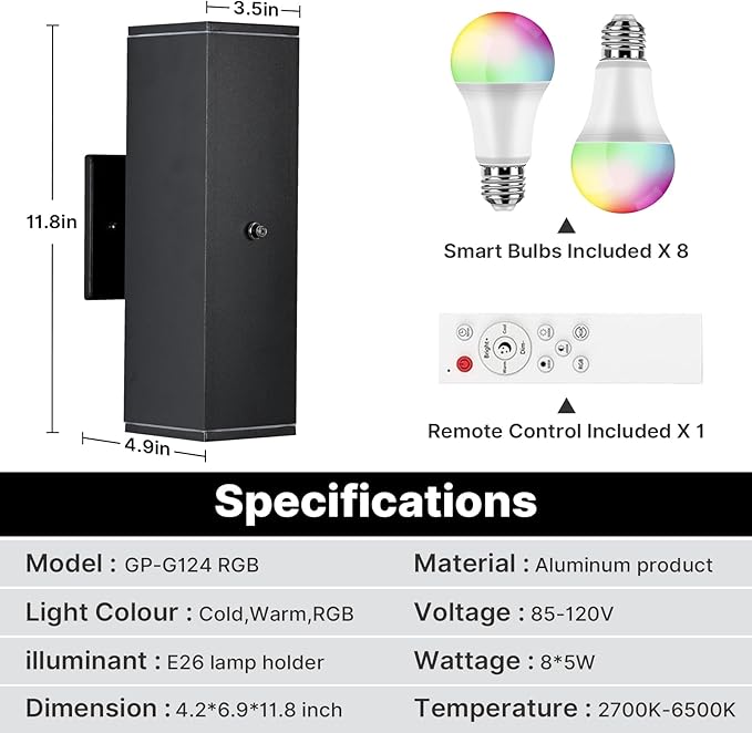 Outdoor Wall Lights 4 Pack, RGBCW Exterior Lighting Sconce,2700K-6500K Dimmable Smart Porch Lights Outdoor for House Patio Garage, Compatible with Alexa/Google Assistant, Bulb Included