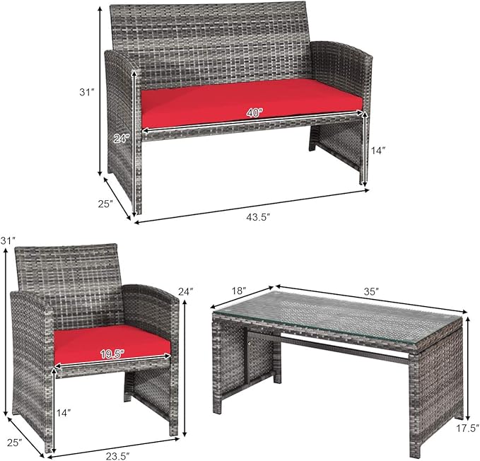 Tangkula 4 PCS Wicker Patio Conversation Set, Outdoor Rattan Sofas with Table Set, Patio Furniture Set with Soft Cushions & Tempered Glass Coffee Table for Poolside Balcony