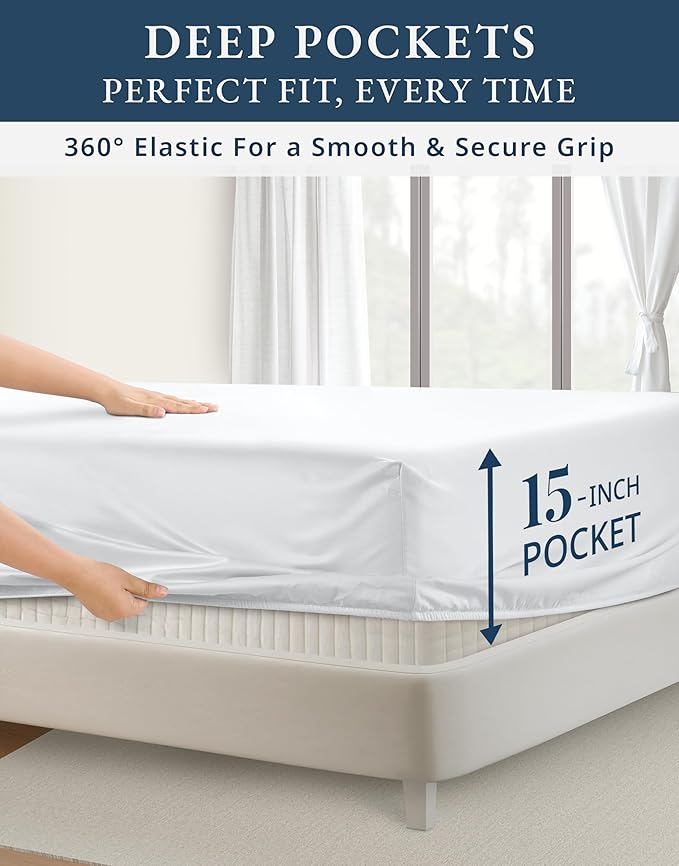 LANE LINEN Ultra Soft Queen Size Sheets Set,100% Egyptian Cotton Mercerized Fully Elasticized with French Seam on Fitted Hotel Like Thick Luxury Bed Sheets Queen Size - Brilliant White