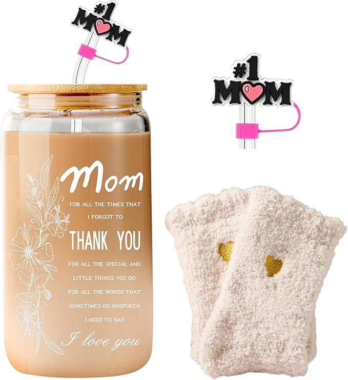 Gifts for Mom, Mothers Day Gifts from Daughter Son, 16oz Ice Coffee Glass Cup with Bamboo Lids, Straws, Birthday Present Ideas for Mom Wife Sister Friends - Including Straw Cap, Cozy Socks