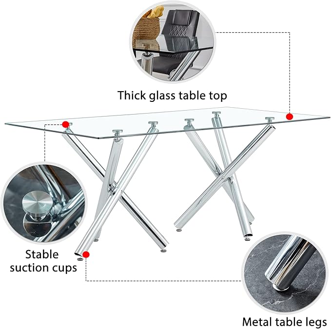 Modern Glass Dining Table for 6-8, Rectangular Glass Kitchen Table with Tempered Glass Tabletop and Silver Chrome Metal Legs for Kitchen Dining Room (Silver2)