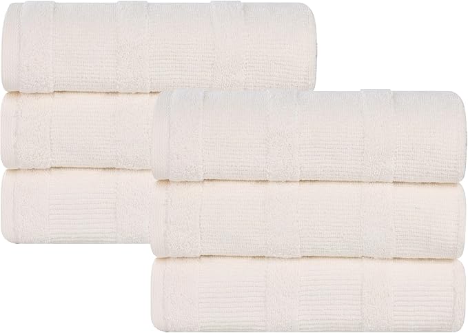 Superior Roma Cotton Hand Towels, Set of 6, Highly Absorbent, Ribbed Design, Quick-Dry, Shower, Spa, Kitchen Basics, Bathroom Essentials, Medium Weight Towels, Solid, 6 Pack, Ivory