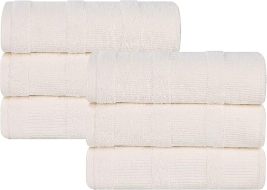 Superior Roma Cotton Hand Towels, Set of 6, Highly Absorbent, Ribbed Design, Quick-Dry, Shower, Spa, Kitchen Basics, Bathroom Essentials, Medium Weight Towels, Solid, 6 Pack, Ivory
