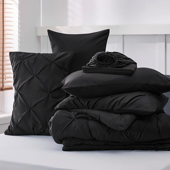 Bedsure Oversized Queen Comforter Set Black - Bed in a Bag Bedding Set 7 Pieces, GentleSoft™ Pintuck Bed Set Gift for Family, Pinch Pleat All Season Comforter with Sheets, Pillowcases & Shams
