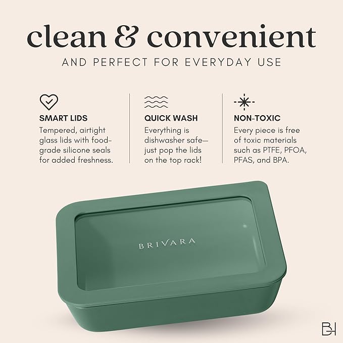 Ceramic Coated Glass Food Storage Container | No PTFE, PFOA, PFAS, and BPA | Reusable Non Toxic Meal Prep Container with Glass Lid | Easy To Store | 3 Cup Rectangle [Pine]