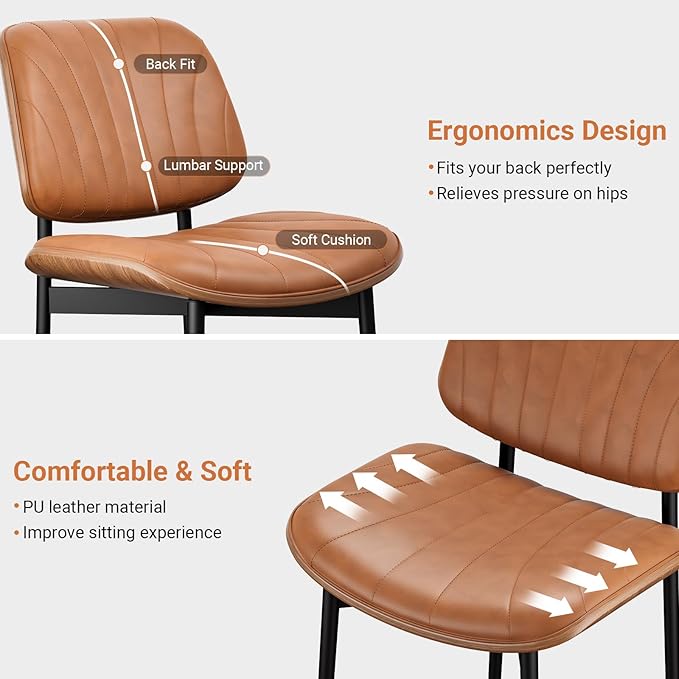 Dining Chairs Set of 8, Dining Room and Kitchen Chairs, Mid Century Modern Accent Chair, Upholstered PU Leather Chairs for Vanity with Walnut Bentwood and Metal Legs, Light Tan