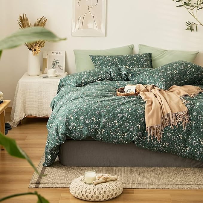 Vintage Green Floral Duvet Cover Full Size Jersey Knit Cotton Chic Floral Bedding Set Garden Style Botanical Flower Comforer Cover Floral Cottagecore Bedding Set 1 Duvet Cover with 2 Pillowcases