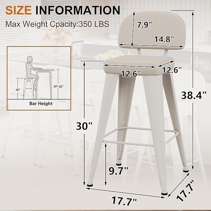 Aklaus PU Leather Metal Bar Stools 30 inch Faux Leather Bar Height Barstools Set of 2 Modern Farmhouse Bar Chairs with High Backs and Faux Leather Seat for Kitchen Island Dining Room Off White