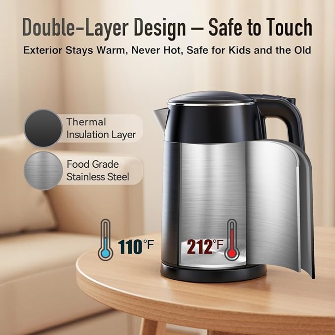 Mecity Electric Kettle 1.7L Touch Screen Temperature Control Water Boiler, No Plastic Contact with Water. 6 Preset Temperature Programs, 2 Hours Keep Warm, Dark Grey