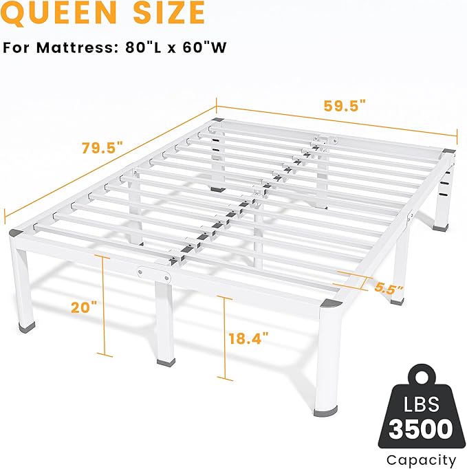 20 Inch Queen Size Metal Bed Frame with Round Corners, Storage Space Under High Bed Frame-Heavy Duty Steel Slats Support, Noise Free - Easy Assembly - No Box Spring Needed,White