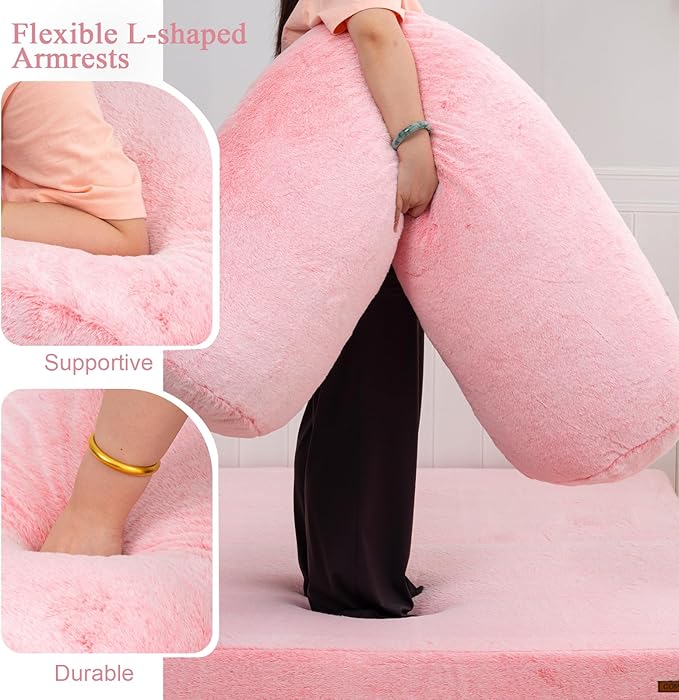 COMAX 4-in-1 Futon Sofa Bed, Queen Size Foldable Couch with L-Shaped Armrests, Convertible Sleeper Chair Bed, Comfortable Lounge Mattress for Living Room and Bedroom, Snow Pink