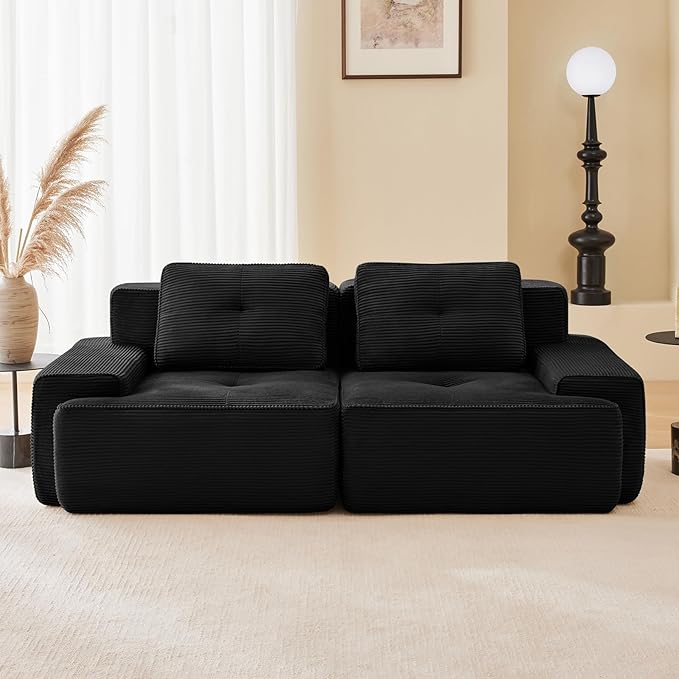 80" Modern Compressed Boneless Love Seat Couches, 2 Seater Large Sectional Couches for Living Room, Black Corduroy Cloud Modular Sectional Sofa, Memory Foam, Extra Deep Loveseat, No Assembly