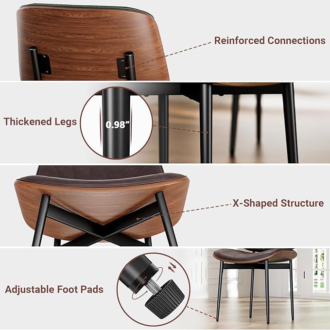 Dining Chairs Set of 8, Dining Room and Kitchen Chairs, Mid Century Modern Accent Chair, Upholstered PU Leather Chairs for Vanity with Walnut Bentwood and Metal Legs, Brown
