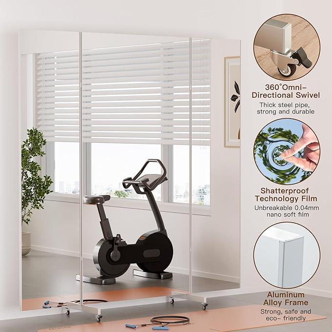 brisafe Full Length Mirror with 360° Wheels, 79"x71" Foldable Floor Mirror with Nano-Tech Shatterproof Film - Ultra-Large Mobile Mirror for Home Gym, Dance Studio & Commercial Spaces (Black)