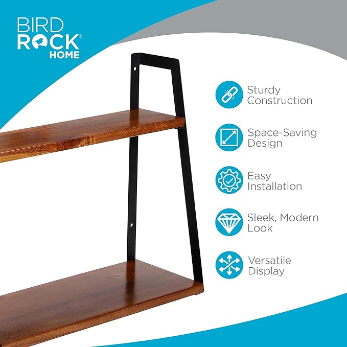 BIRDROCK HOME 2-Tiered Wall Shelf - Wood Metal Floating Wall Shelves - Home Decor - Decorative Hanging Shelves - Rustic Farmhouse - Bathroom Bedroom Living Room