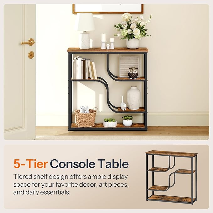 HOOBRO 29.5" Console Table, 5-Tier Sofa Table, Behind Couch Table with Storage Shelves, Narrow Entryway Table for Hallway, Living Rooms, Entryway, Rustic Brown and Black BF69XG01